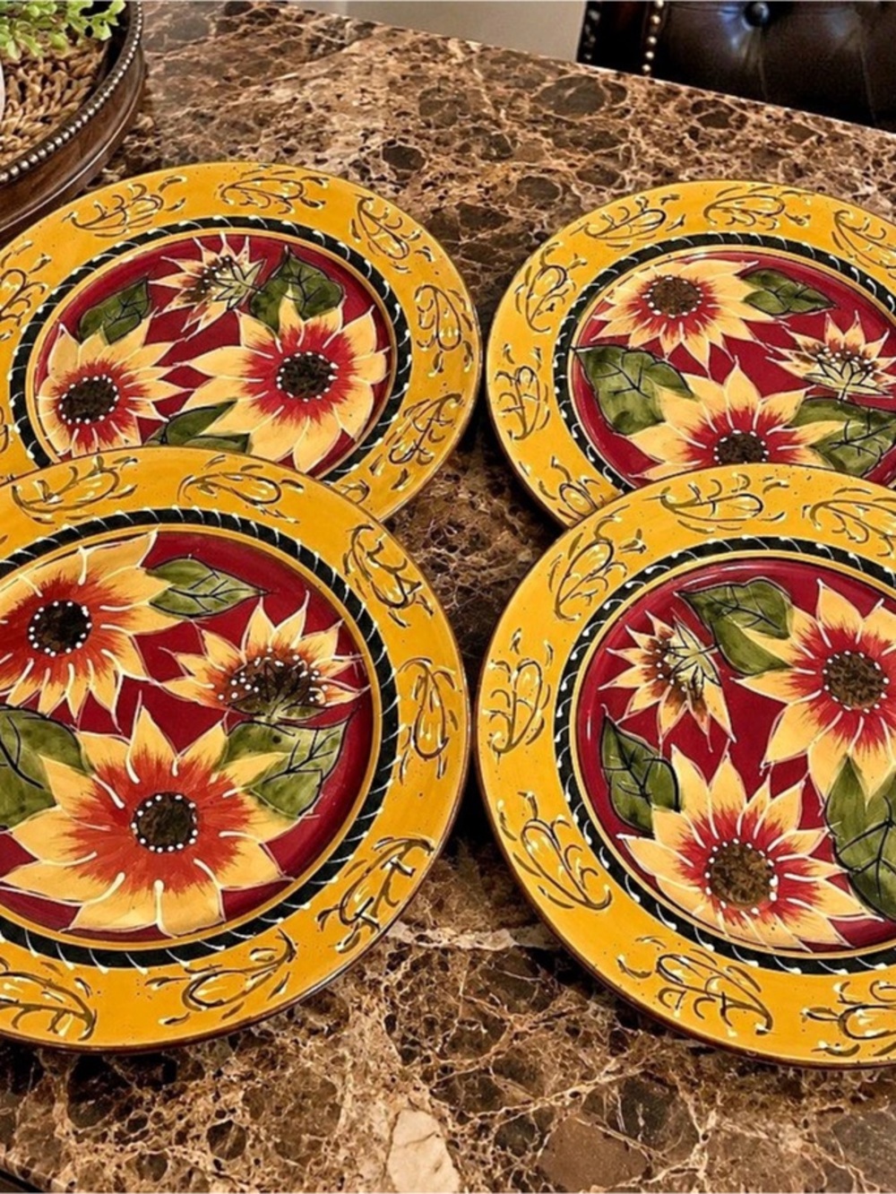 Pier 1 Imports Sunflower Hand-Painted Terracotta Dinner Plate Plates Set of 4